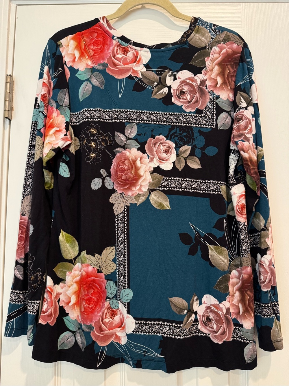 Johnny Was Los Angeles Floral Paisley Tunic Top Black Teal Pink Size L - Picture 5 of 8